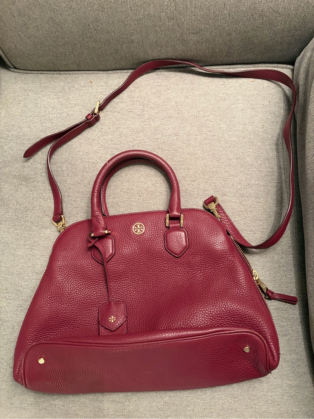 Tory Burch Deep Burgundy Pebbled Leather Satchel with Gold Hardware